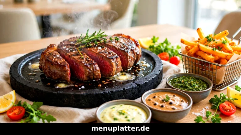Abacco's Speisekarte Preise mit Rumpsteak auf dem heißen Stein, drei Signature-Saucen und knusprigen Hauspommes