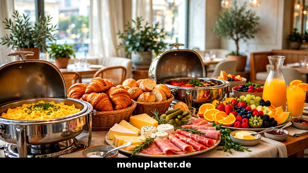ALEX Frühstück Preise mit großem Frühstücksbuffet, Rührei, Croissants und Orangensaft in einer Brasserie
