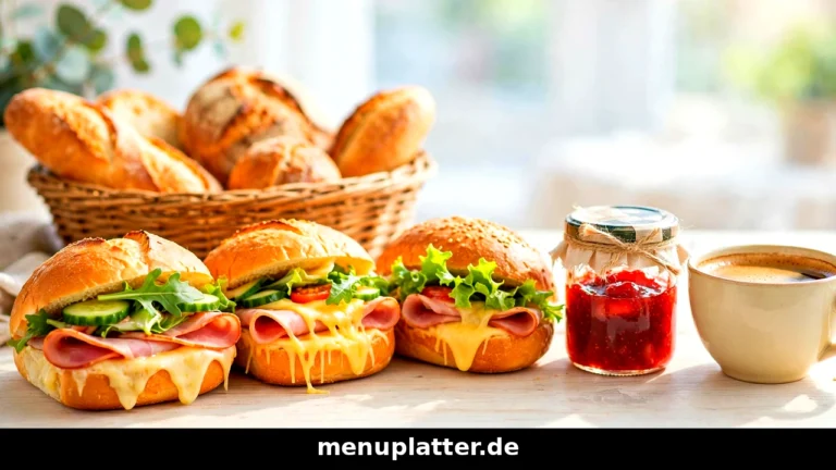 Back-Factory Frühstück Preise mit belegten Brötchen, Kaffee und Marmelade auf einem hellen Bäckerei-Tisch