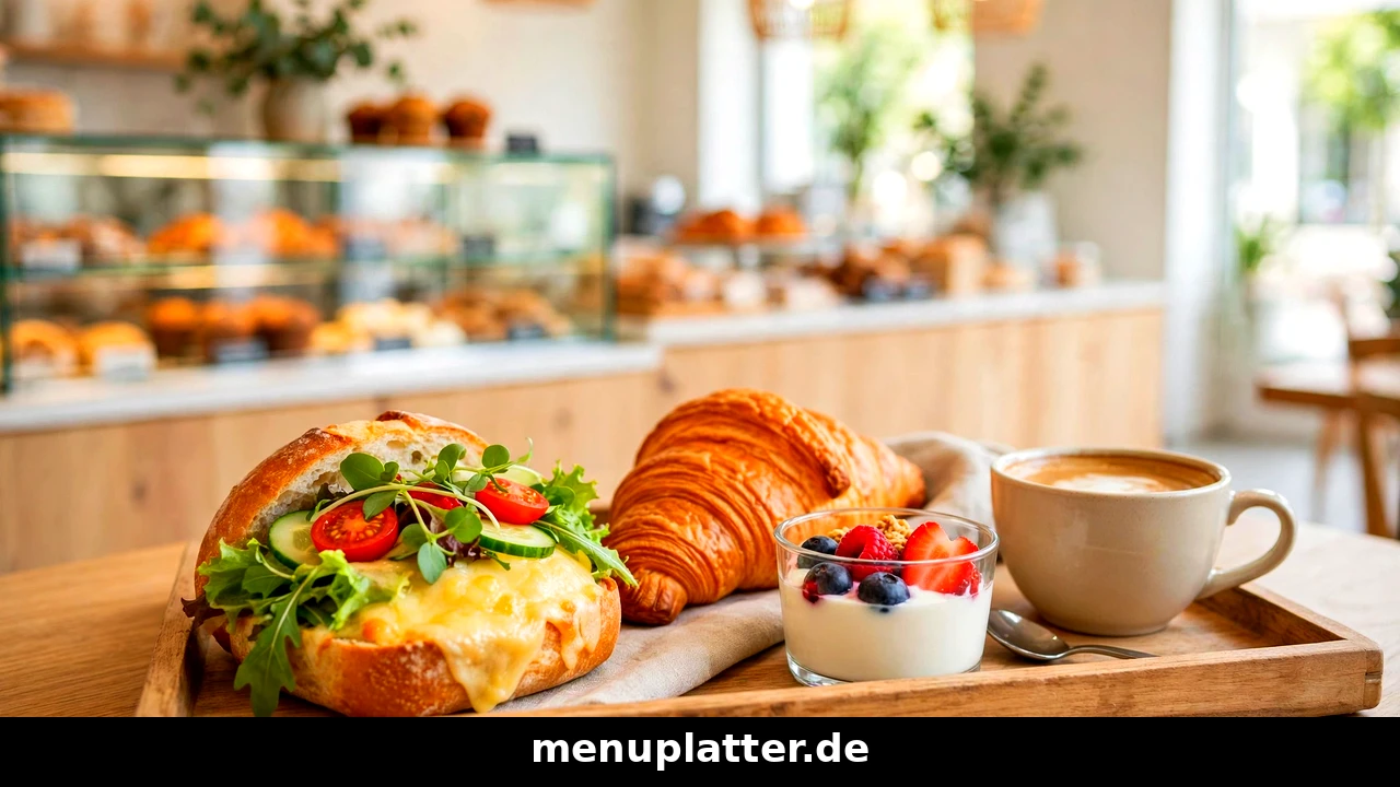 BackWerk Frühstück Preise mit belegtem Brötchen, Croissant, Joghurt und Kaffee an einer Selbstbedienungs-Theke