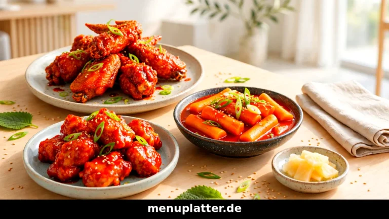 bb.q Chicken Preise Deutschland mit knusprigen koreanischen Wings, Boneless Chicken und Tteokbokki auf einem Tisch