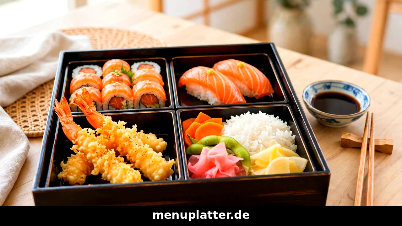 Bento Box Speisekarte Preise mit Lachs-Maki, Nigiri Mix und einer Lunch-Box im japanischen Restaurant in Köln