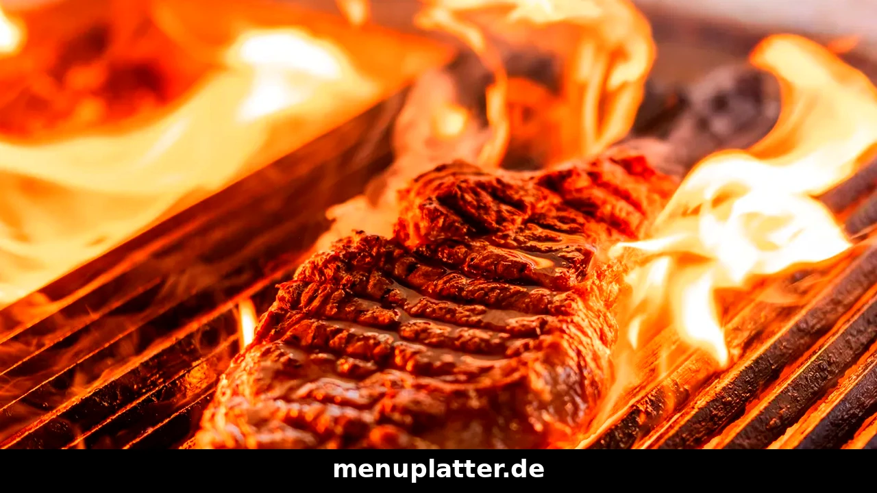 Block House Germany menu prices with a steak sizzling over open flames on a hot grill with dark grill marks
