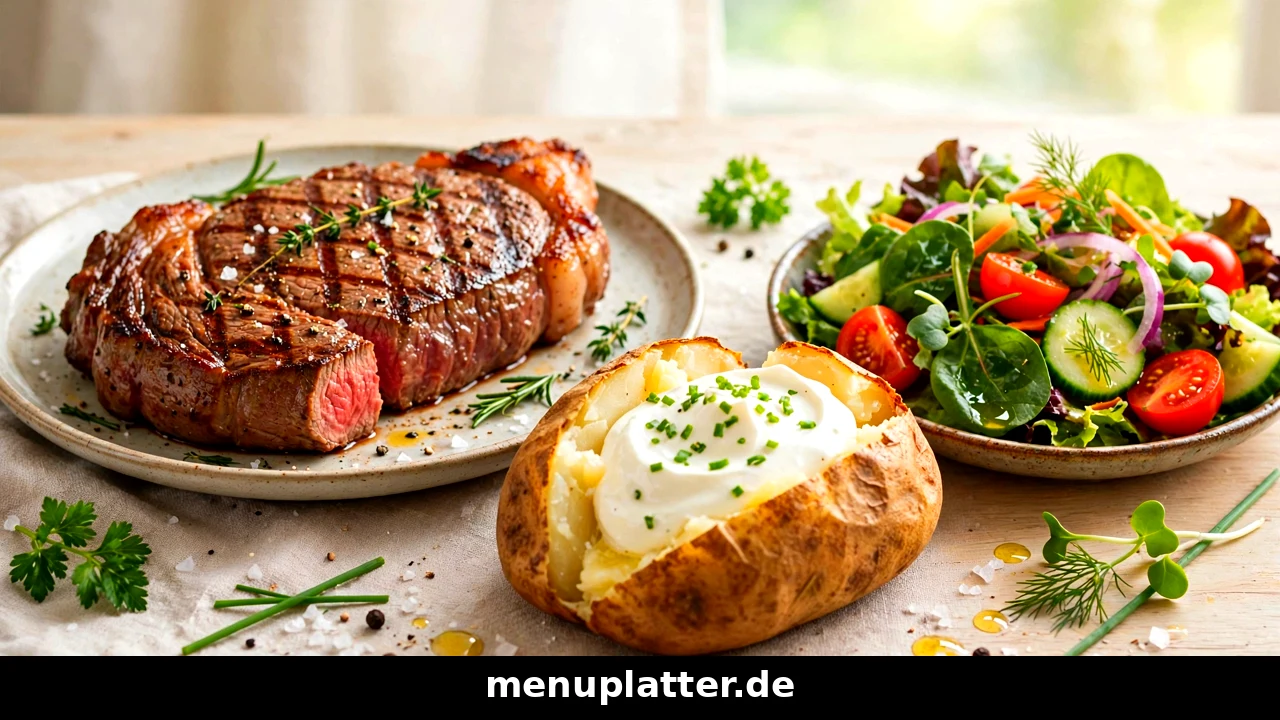 Block House Speisekarte Preise mit saftigem Rumpsteak, Baked Potato mit Sour Cream und frischem Salat auf einem Eichentisch