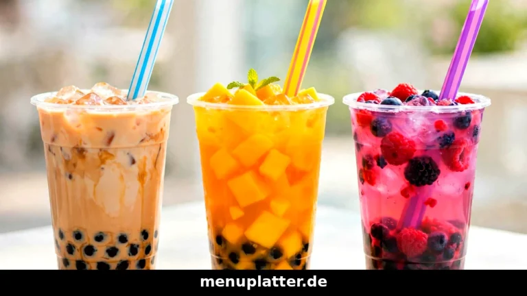 BoboQ Preise für Bubble Tea mit Milchtee, Fruchttee und Tapioka-Perlen in bunten Bechern auf hellem Tisch