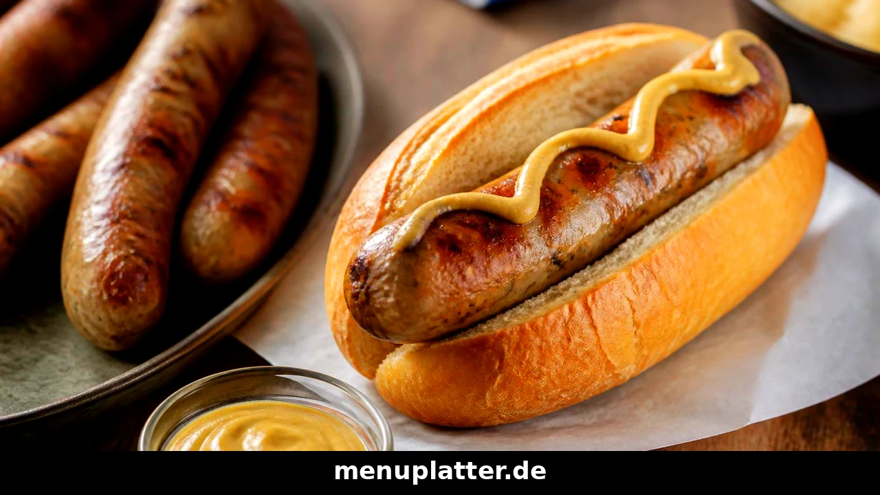 Bratwurst Preise mit frisch gegrillter Bratwurst im Brötchen, Senf und Pommes frites auf einem Imbisstablett