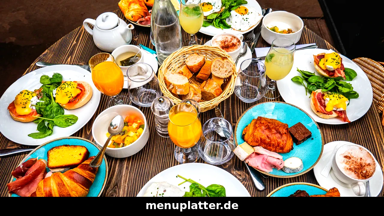 Brunch Preise Deutschland mit reich gedecktem Tisch voller Eier Benedict, Croissants, Brotkorb und Orangensaft