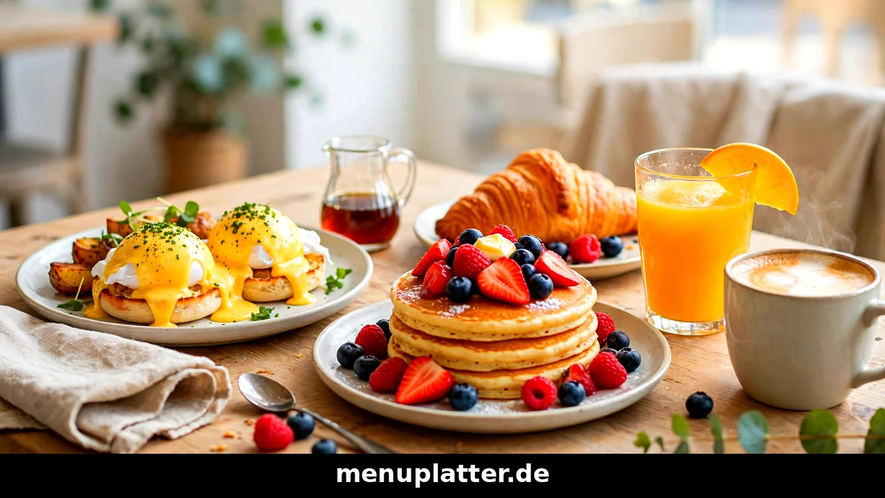 Brunch Preise Deutschland mit Brunchtisch, Eiern Benedict, Pancakes, Kaffee und Orangensaft in hellem Café