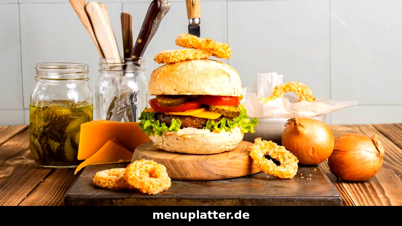 Burger King Preise München mit einem Burger und knusprigen Zwiebelringen auf einem Holzbrett mit Zwiebeln und Essiggurken