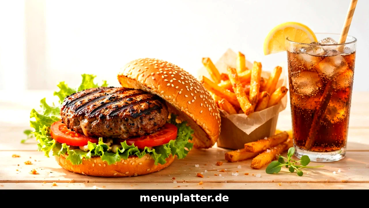 Burger King Speisekarte Preise mit Whopper, King Pommes und Softdrink auf einem Tablett