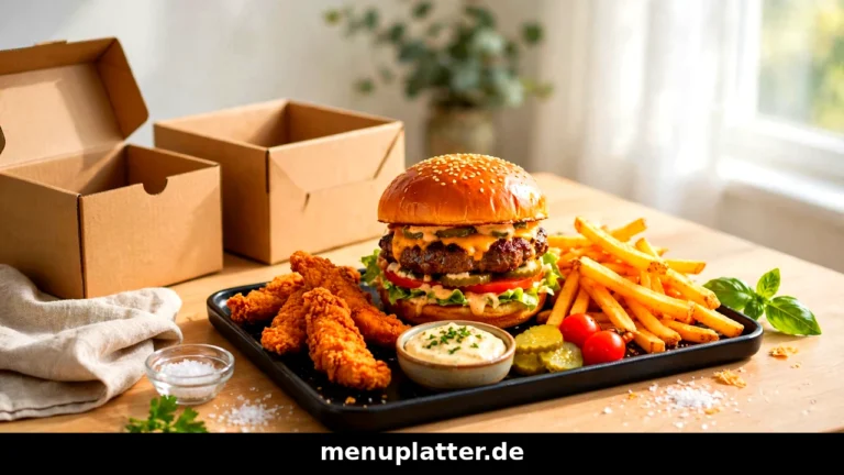 burgerme Preise mit saftigem Angus Burger, knusprigen Pommes frites und Fingerfood auf einem Liefertablett