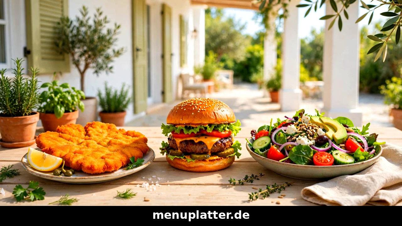 Café Del Sol Speisekarte Preise mit Schnitzel, Burger und frischem Salat auf der Holzveranda einer hellen Villa