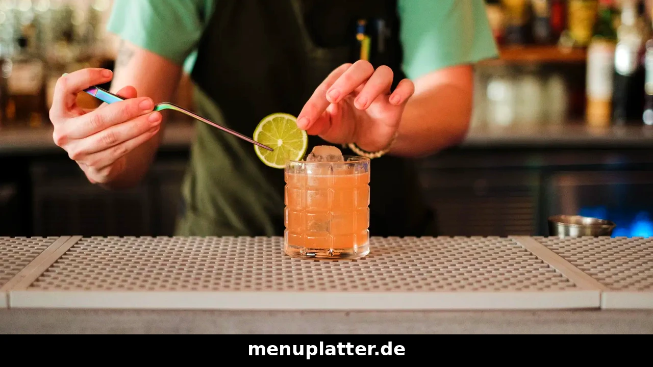 Cocktail Preise Deutschland mit Barkeeper, der einen Cocktail mit Limettenscheibe an der Bar garniert