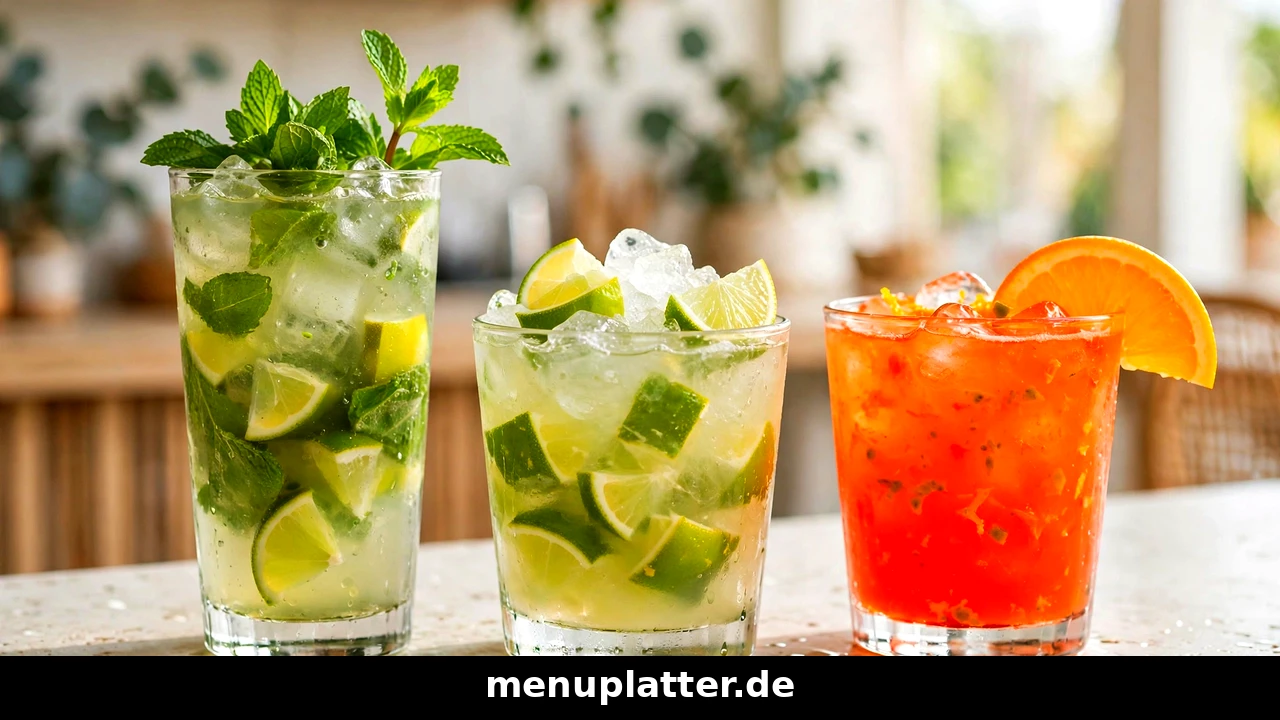 Cocktail Preise Deutschland mit bunten Cocktails wie Mojito, Caipirinha und Sex on the Beach auf einer hellen Bar-Theke