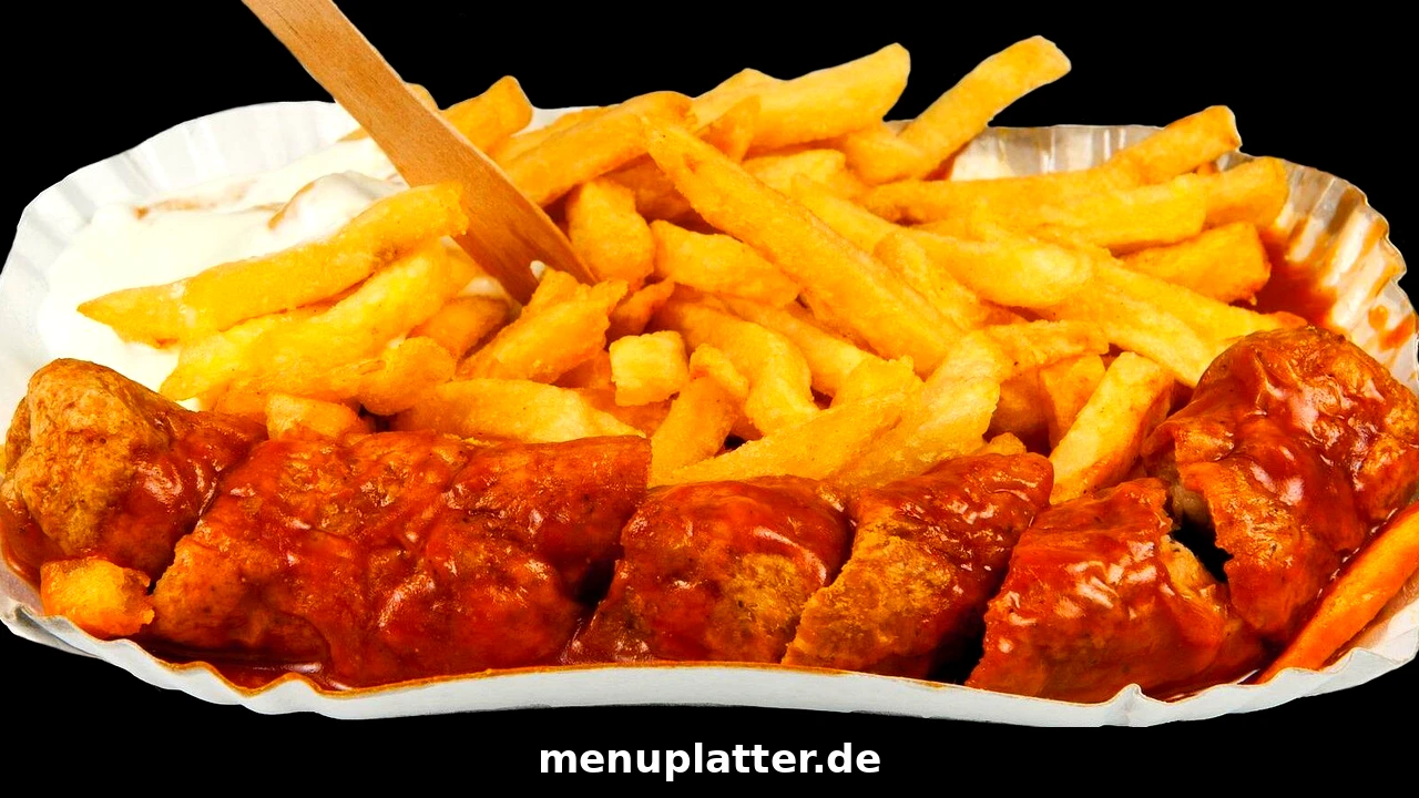 Currywurst Preise Berlin mit einer Currywurst mit Pommes frites auf einem Pappteller