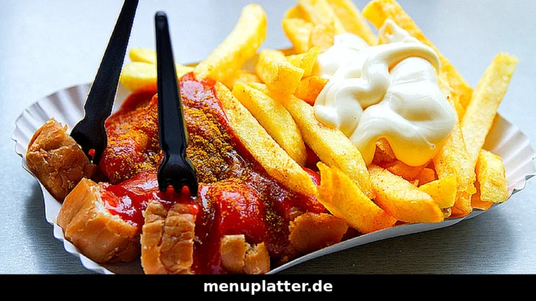 Currywurst Preise Berlin mit Currywurst in Currysauce und Pommes frites auf einem Imbisstablett