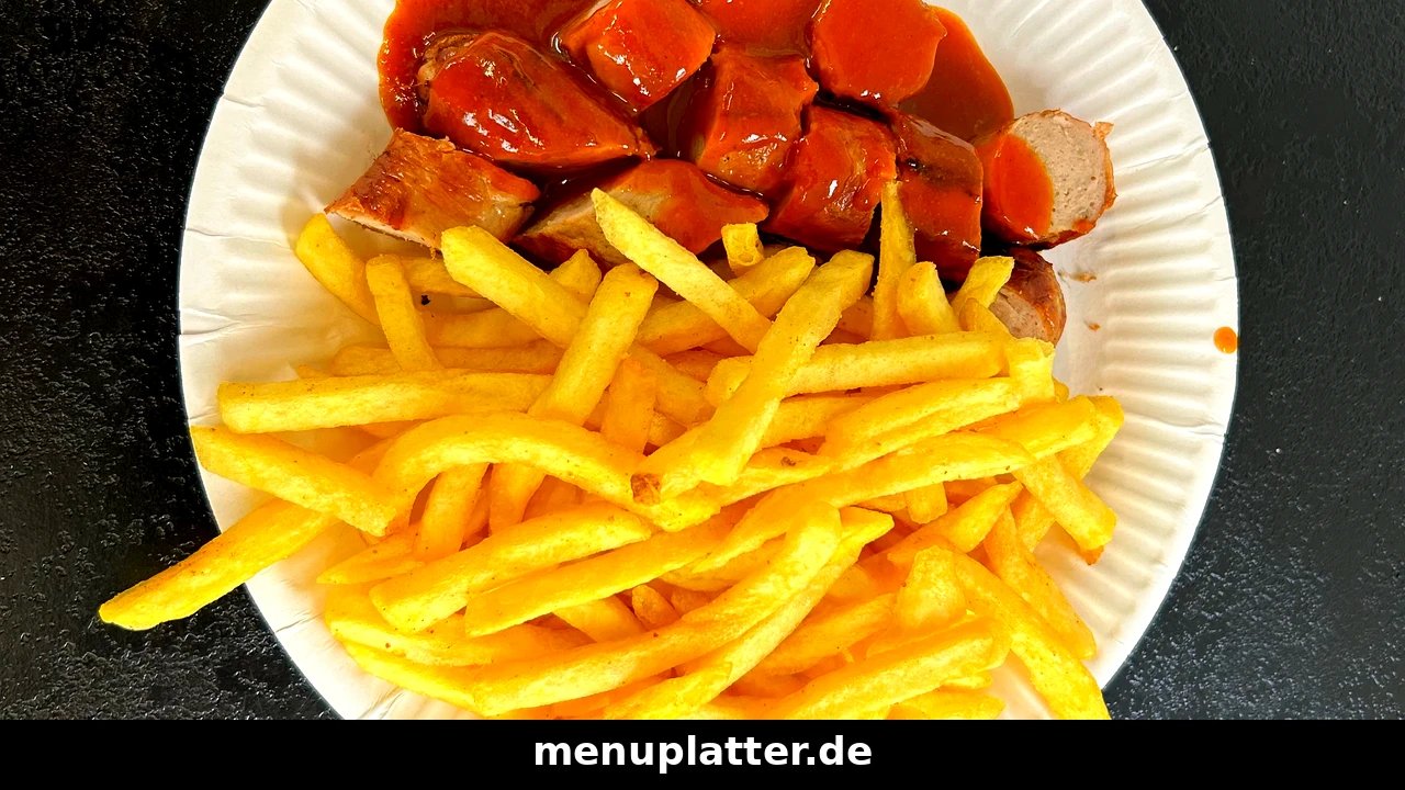 Currywurst Preise Bochum mit Currywurst in Currysauce und Pommes frites auf einem Imbisstablett in Bochum