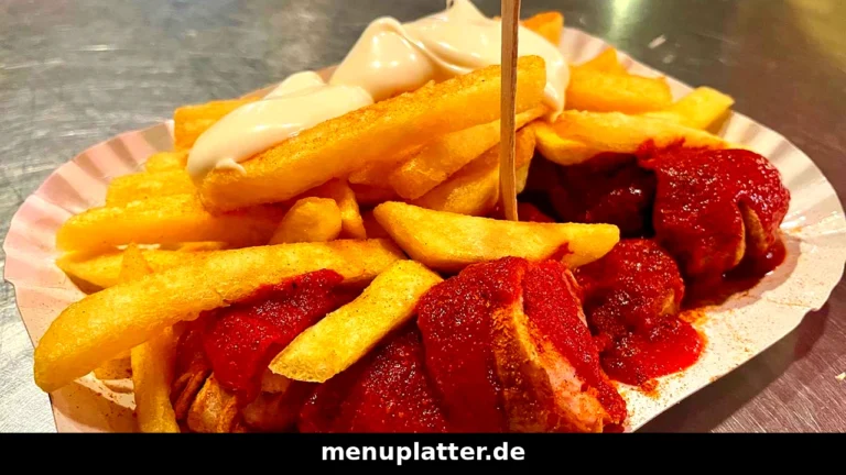 Currywurst Preise mit Currywurst in Currysauce, Pommes frites und Currypulver auf einem Imbisstablett