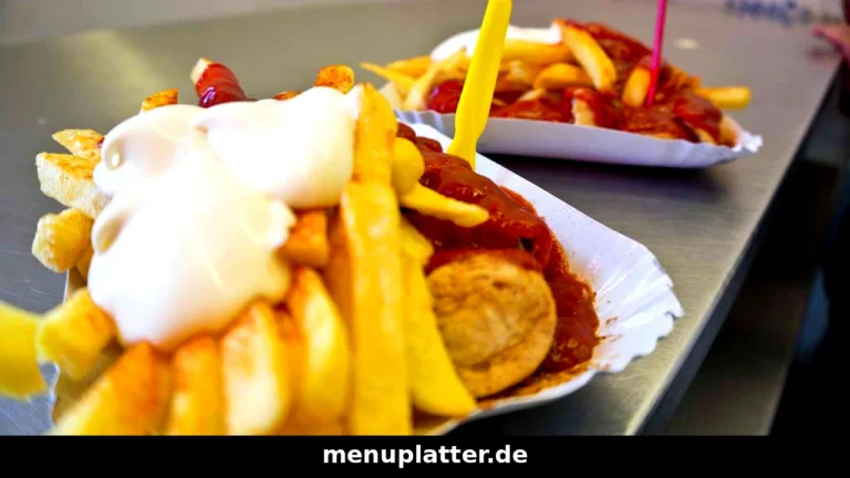 Currywurst Preise Essen mit Currywurst in Currysauce und Pommes frites auf einem Imbisstablett in Essen