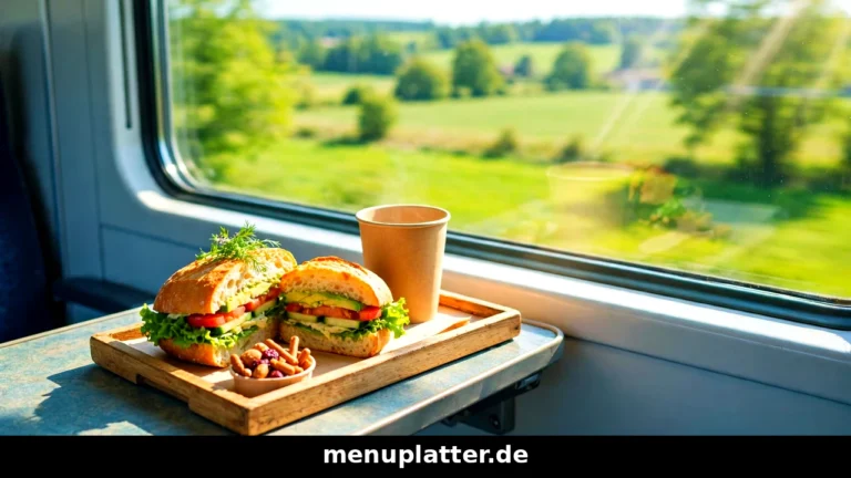 DB Bordbistro Speisekarte Preise mit warmem Gericht, Kaffee und Snack auf einem Klapptisch im ICE