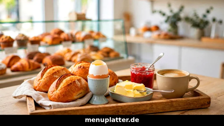 Der Beck Frühstück Preise mit Frühstückstablett, Brötchen, gekochtem Ei und Kaffee in einem hellen Bäckerei-Café