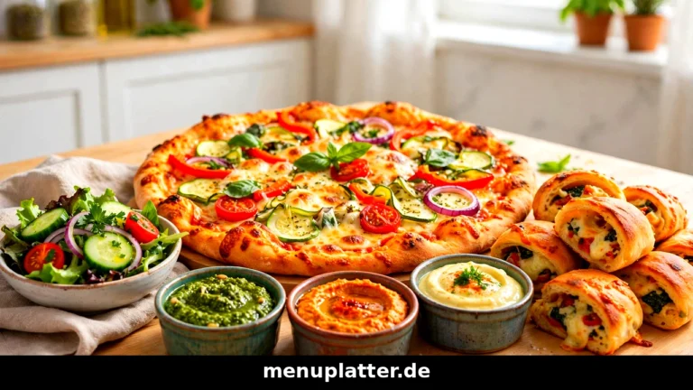 Domino's Kalorien Nährwerte mit frisch gebackener Pizza, Dips und Pizzabrötchen auf einem Tisch