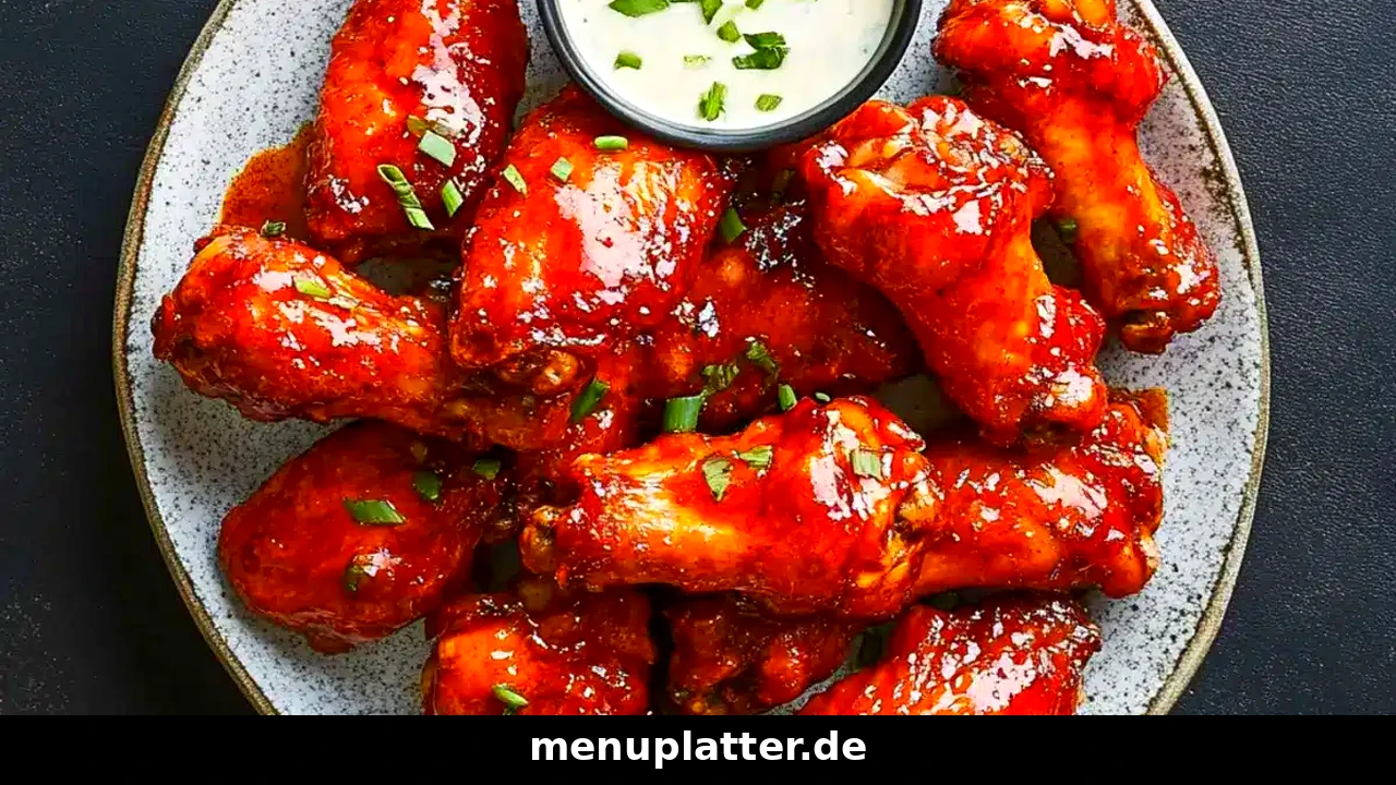 Domino's Preise Nürnberg mit einem Teller glasierter Chicken Wings mit Dip und Frühlingszwiebeln