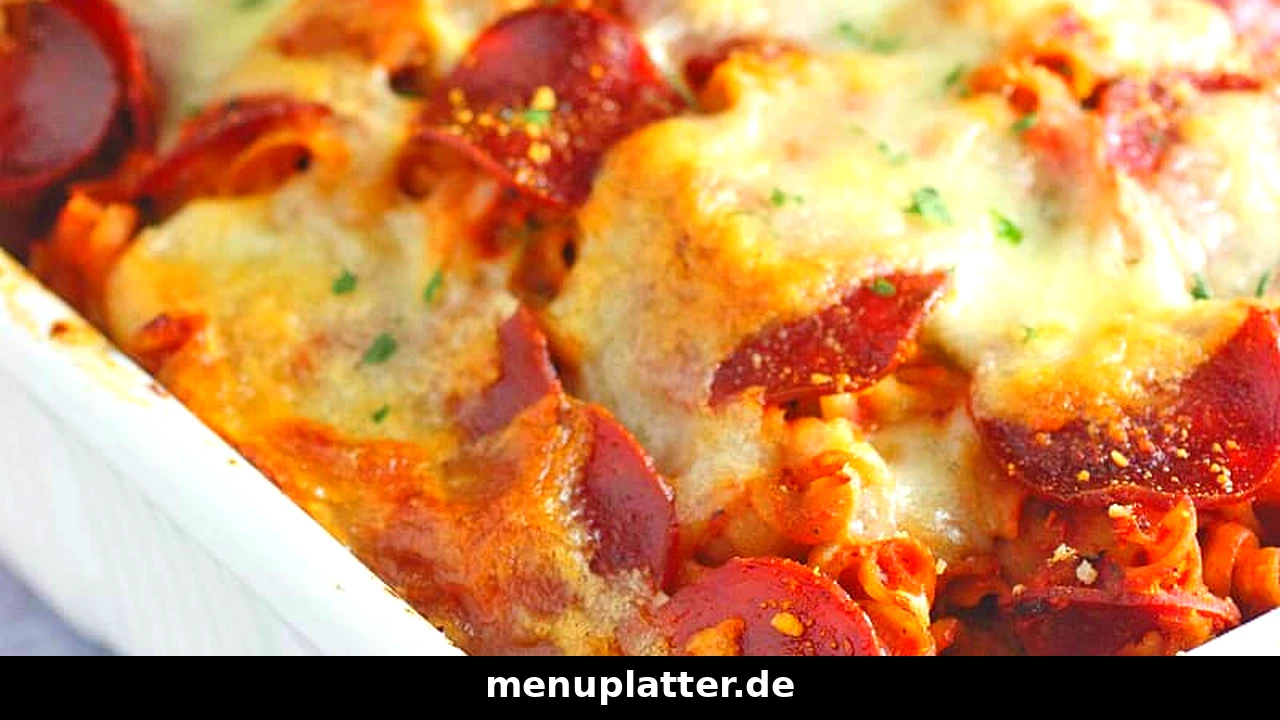 Domino's Speisekarte Preise mit überbackenem Pizza-Pasta-Auflauf mit Salami und goldbraunem Käse
