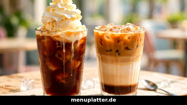 Eiskaffee Preise Deutschland mit klassischem Eiskaffee mit Vanilleeis und Sahne und einem Iced Latte auf einem hellen Café-Tisch