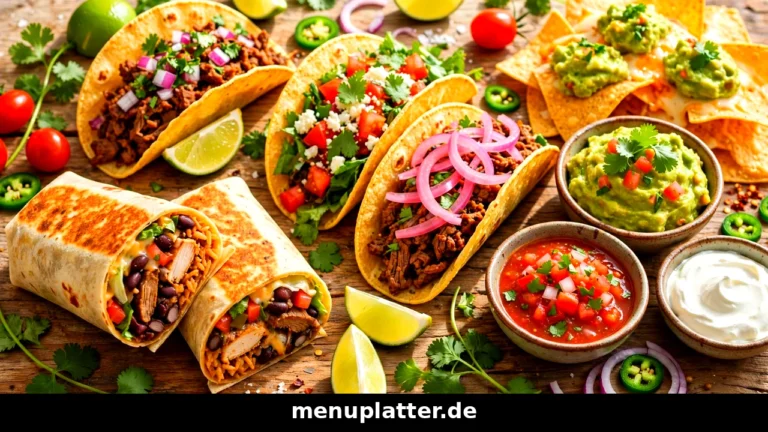 Enchilada Speisekarte Preise mit Burrito, Tacos, Nachos und Guacamole auf einem rustikalen Holztisch