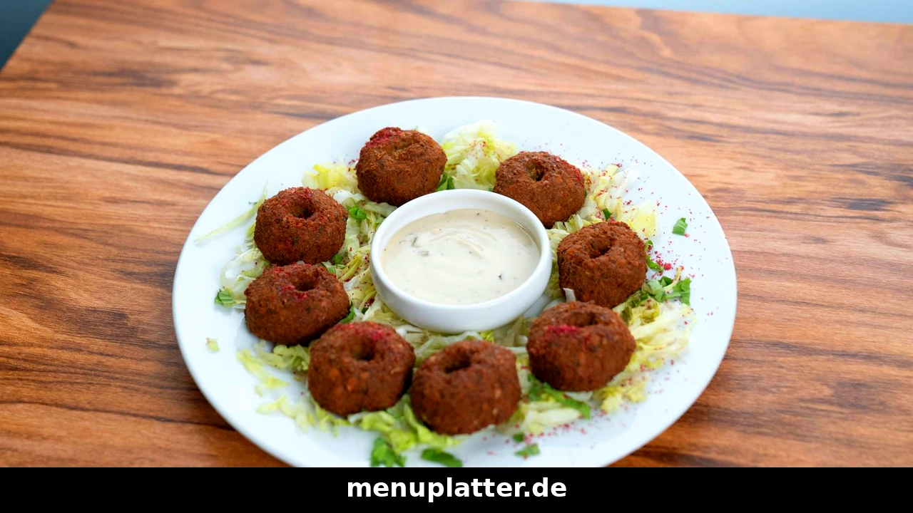 Falafel Preise mit acht Falafelbällchen im Ring um eine Tahini-Schale auf einem weißen Teller