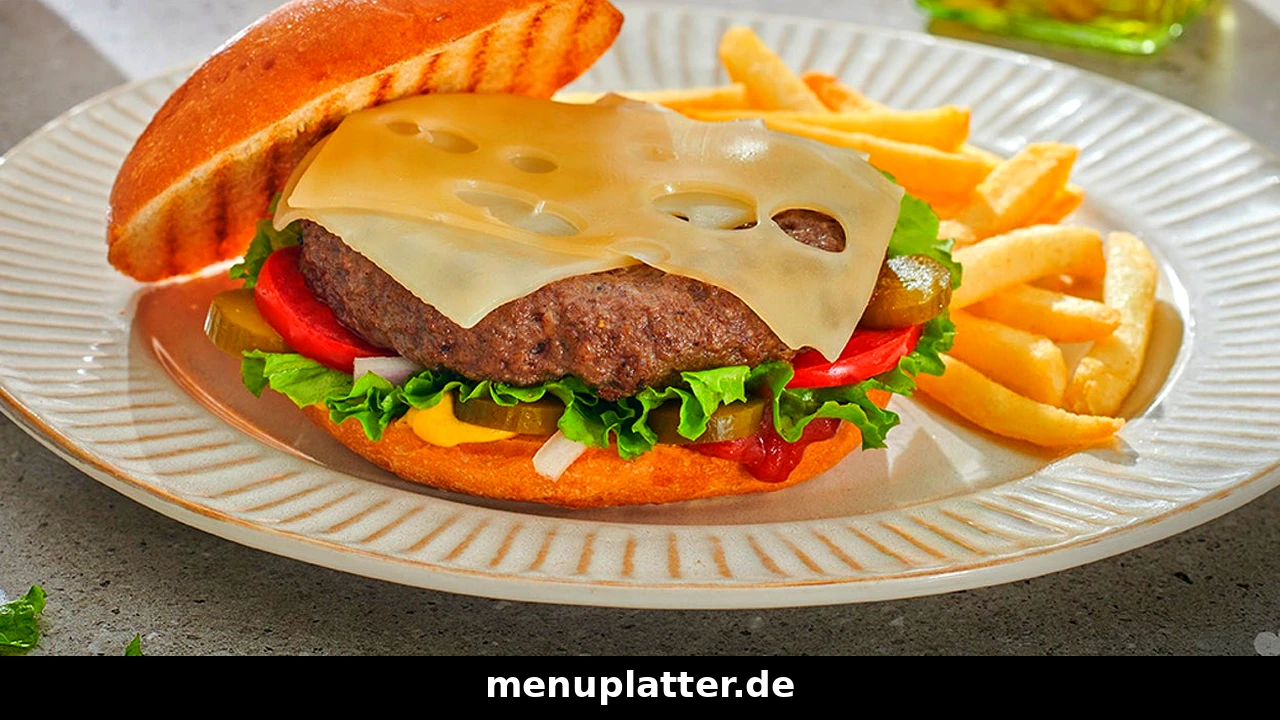 Five Guys Preise Düsseldorf mit einem Cheeseburger und Pommes frites auf einem weißen Teller