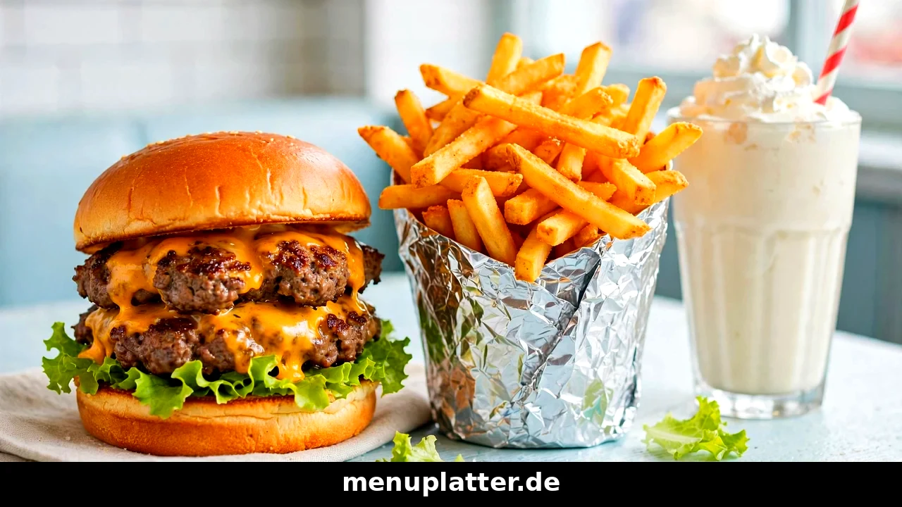 Five Guys Preise Deutschland mit Bacon Cheeseburger, knusprigen Pommes frites und cremigem Milchshake auf einem Tablett