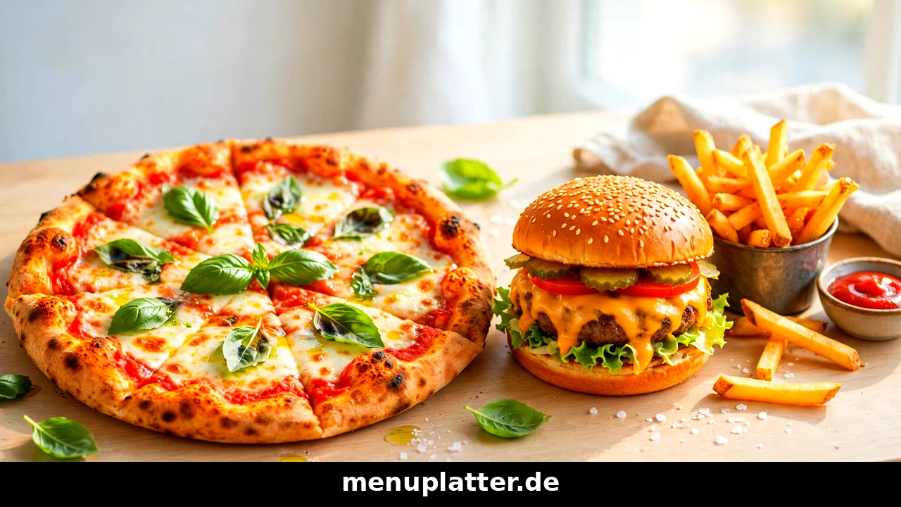 Freddy Fresh Speisekarte Preise mit Pizza Margherita, Burger und Pizzabrötchen auf einem Tisch