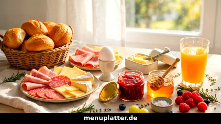 Frühstück Restaurant Preise Deutschland mit großem Frühstücksgedeck, Brötchen, Aufschnitt, Ei und Orangensaft auf einem hellen Tisch
