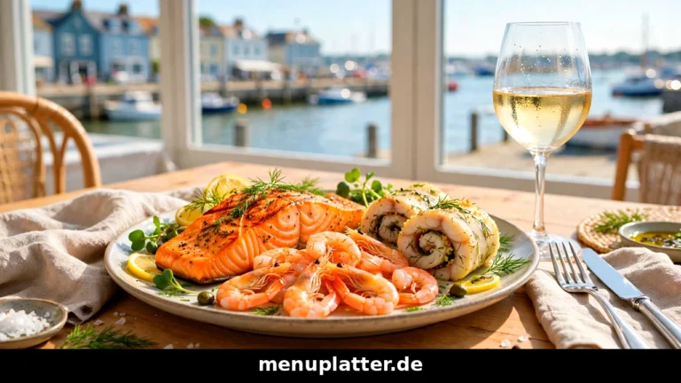 Gosch Speisekarte Preise mit Fischbrötchen, gegrilltem Lachs und Nordseekrabben an einer Hafentheke auf Sylt