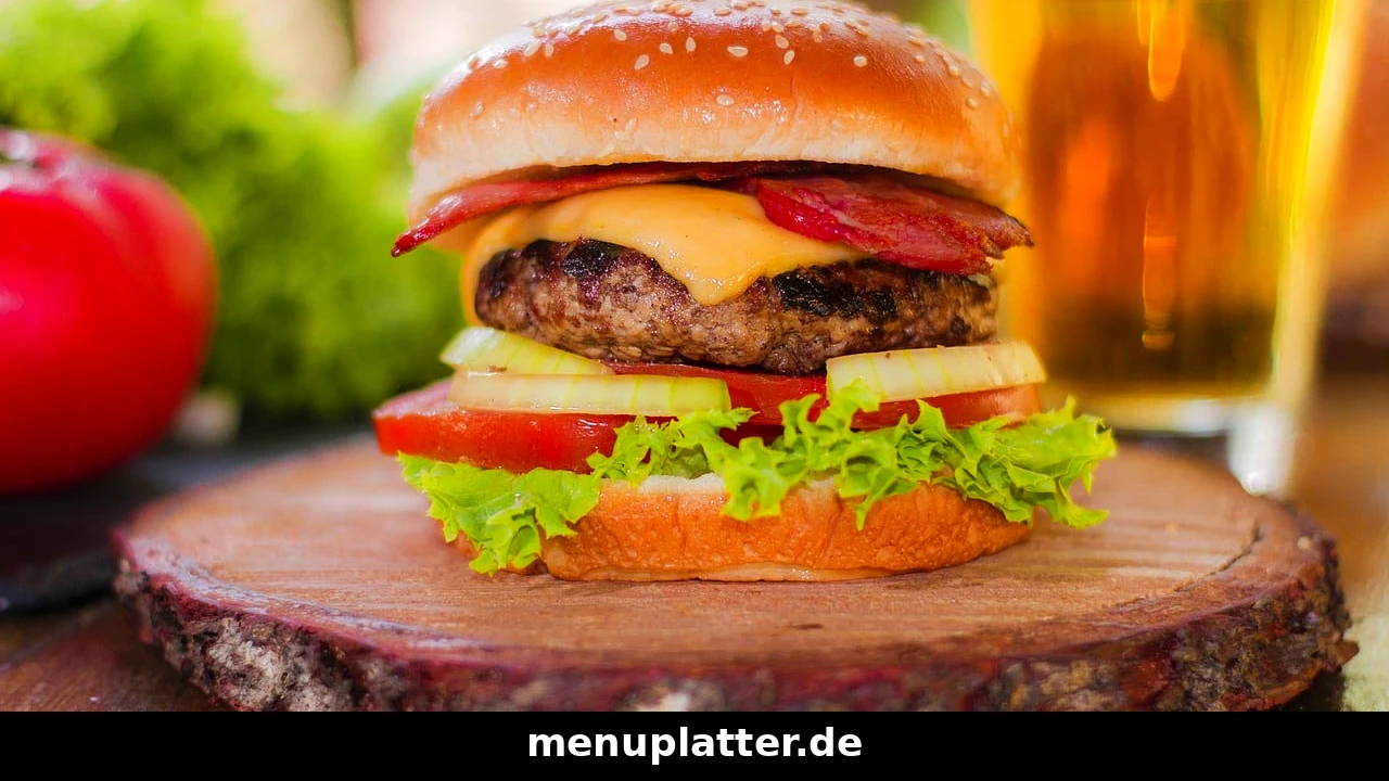 Hans im Glück Germany menu prices with a bacon cheeseburger on a rustic wooden board and a cold drink