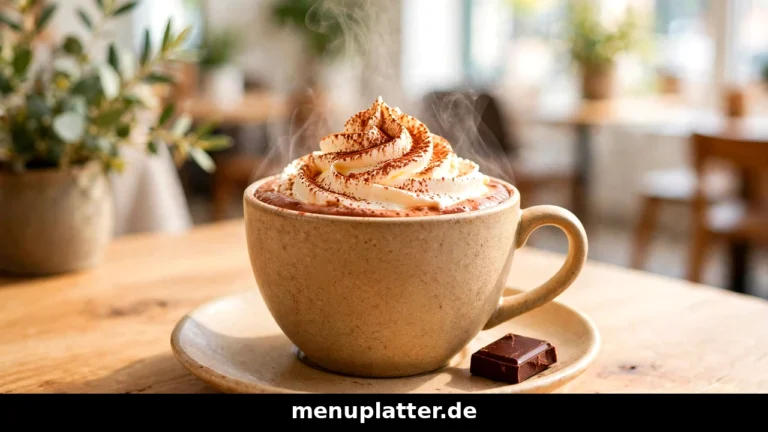 Heiße Schokolade Preise Deutschland mit dampfender Tasse Kakao, Sahnehaube und Kakaopulver in einem hellen Café