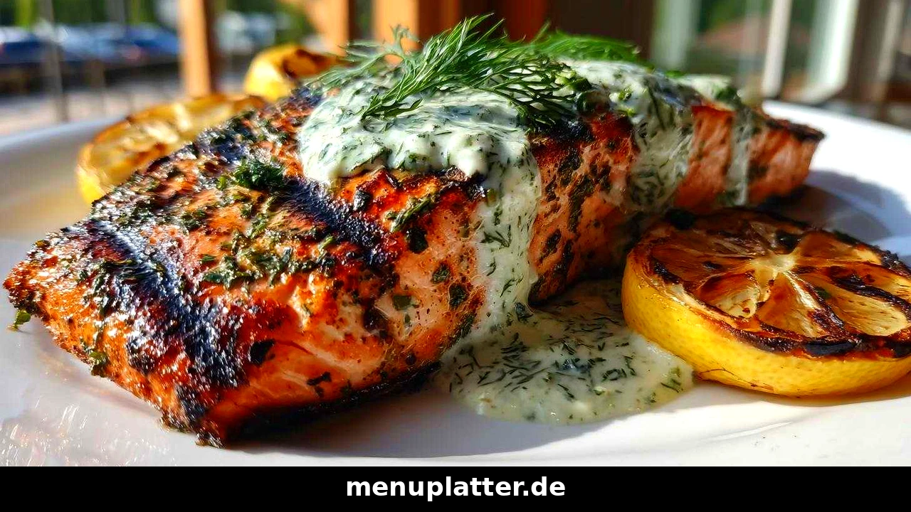 IKEA restaurant Germany prices with grilled salmon fillet, creamy dill sauce and charred lemon on a white plate