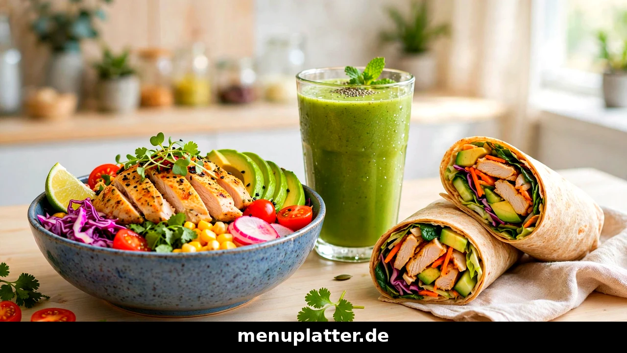 Immergrün Preise mit frischer Chicken Avocado Bowl, grünem Smoothie und Wrap auf einem hellen Tisch in einer Immergrün Filiale