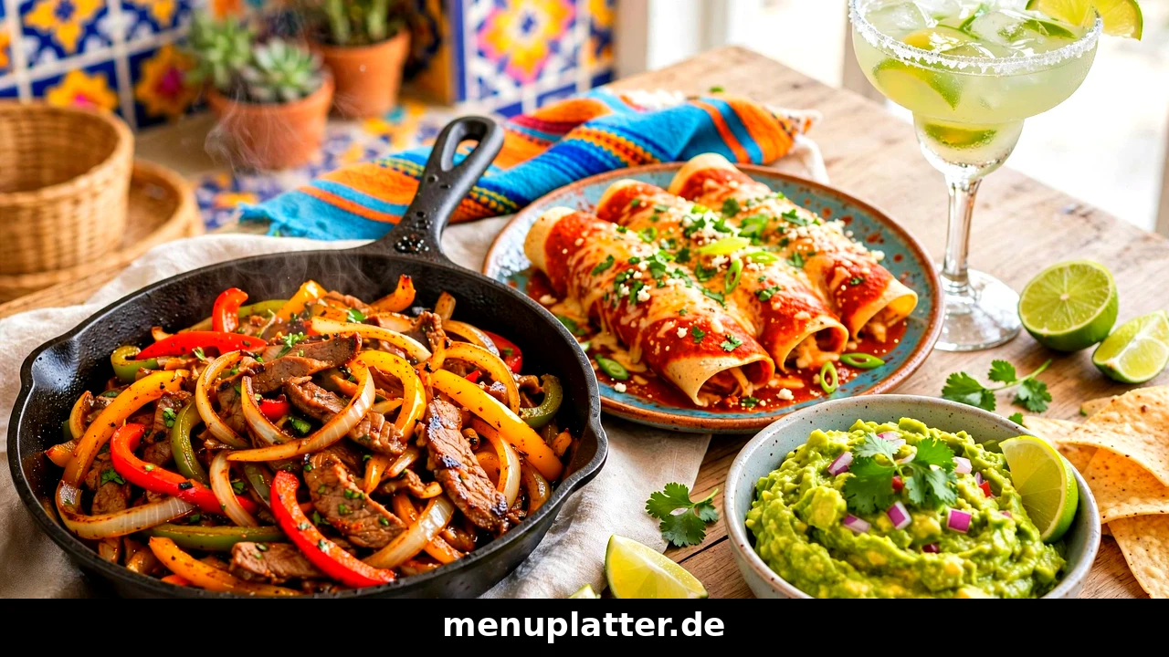 Joe Peña's Speisekarte Preise mit brutzelnden Fajitas, Enchiladas, Guacamole und Margarita in einer Cantina
