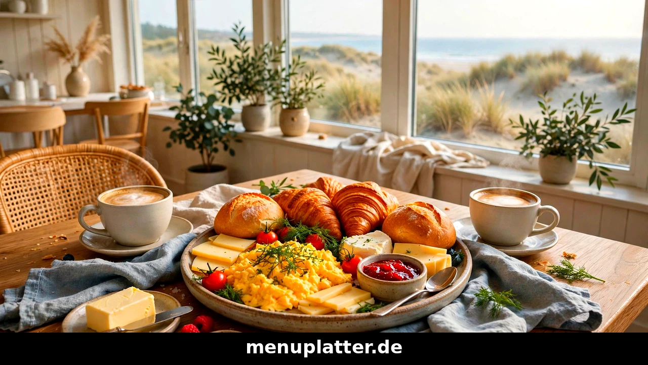 Junge Bäckerei Frühstück Preise mit Frühstück für zwei, Rührei, Brötchen und Kaffee in einem Bäckerei-Café an der Ostsee