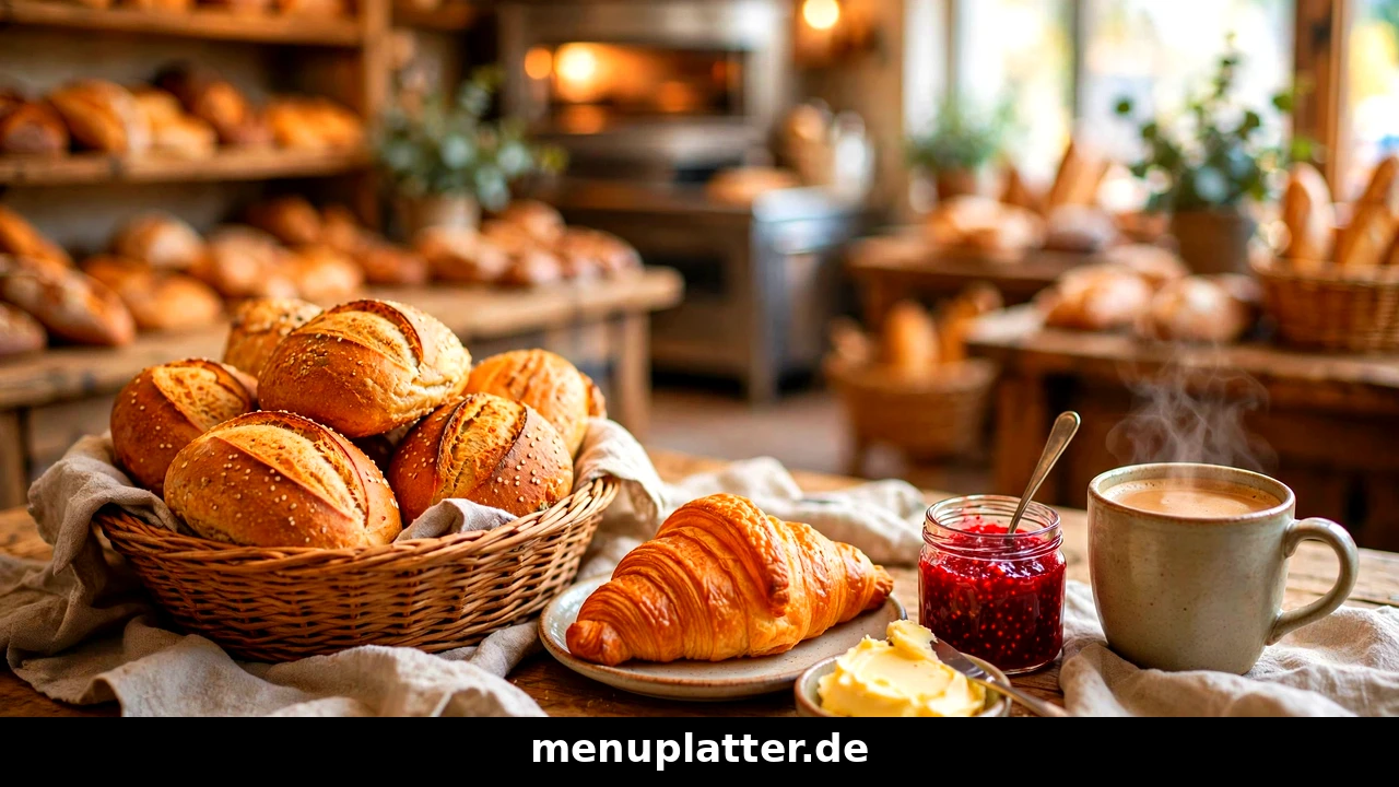Kamps Frühstück Preise mit frischen Brötchen, Buttercroissant und Kaffee in einer Bäckerei mit Backstube