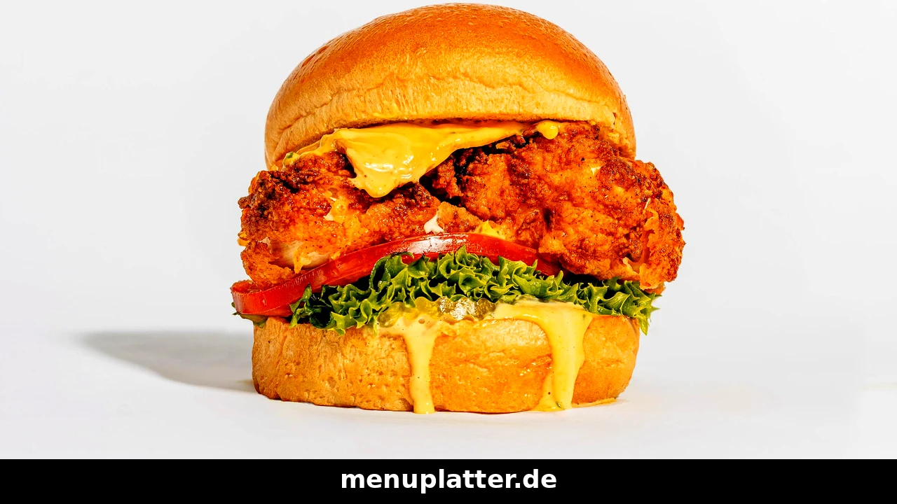 KFC Speisekarte PDF mit knusprigem Chicken Burger, Käse, Salat und Tomate vor hellem, weißem Hintergrund