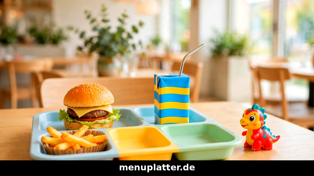 Kindermenü Preise Deutschland mit Kindertablett, kleinem Burger, Pommes frites, Saftbox und Spielzeug in hellem Restaurant