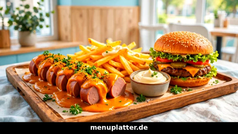 Kochlöffel Speisekarte Preise mit Currywurst, Pommes frites und halbem Grillhähnchen auf einem Imbiss-Tablett