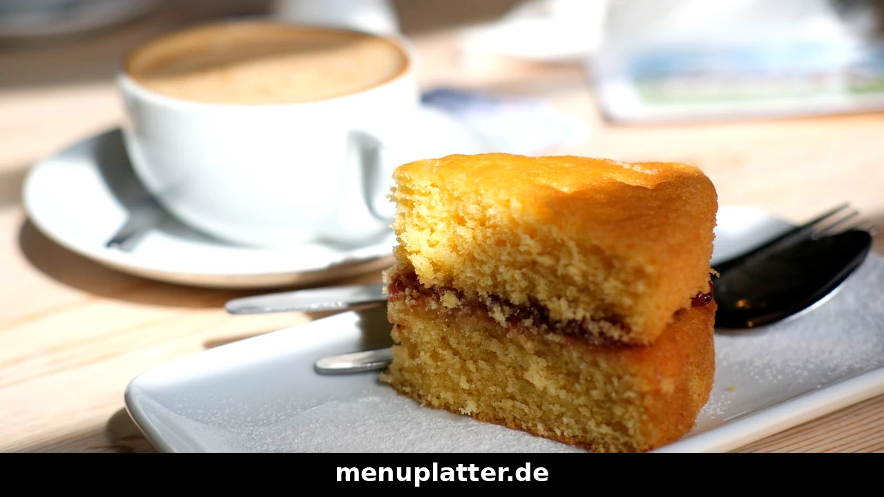 Kuchen Preise mit einem Stück Biskuitkuchen mit Marmeladenschicht und einer Tasse Kaffee im Café