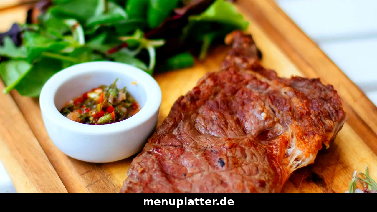 Maredo Speisekarte Preise mit gegrilltem Steak auf einem Holzbrett, grünem Salat und Chimichurri-Dip daneben