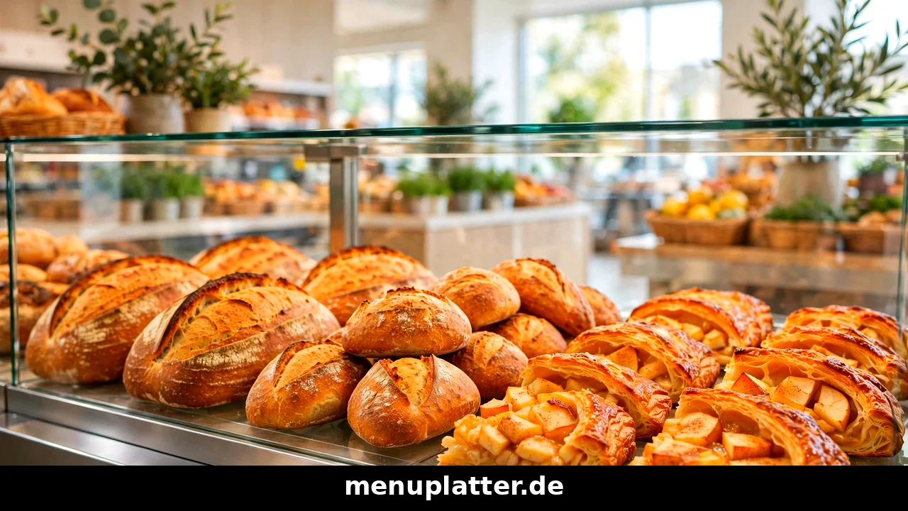 Markt Bäckerei Preise mit Sauerteigbrot, Brötchen und Apfel-Käseschnitten an der Backtheke in einem EDEKA Markt