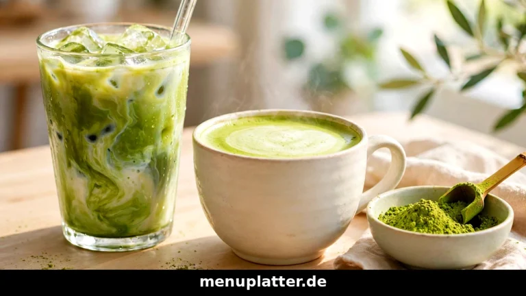 Matcha Latte Preise Deutschland mit leuchtend grünem Iced Matcha Latte und heißem Matcha Latte auf einem hellen Café-Tisch